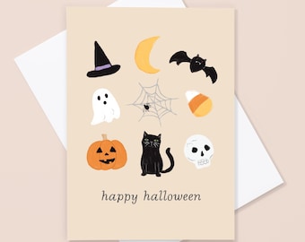 Happy Halloween Spooky Greeting Card with Pumpkin, Cat, and Witch Hat