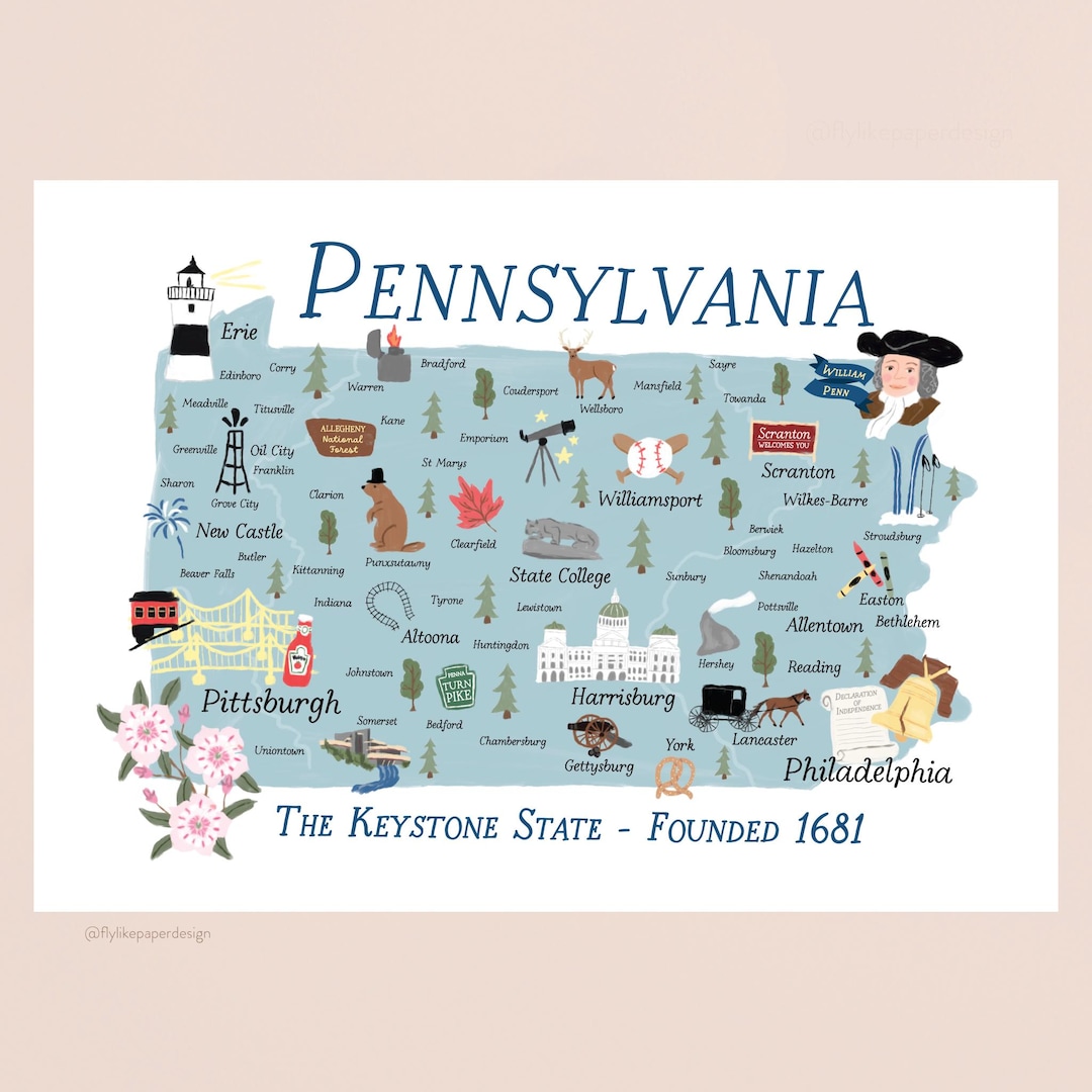 Pennsylvania Icons Illustrated Map Art Print: PA Icons - Etsy