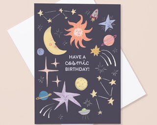 Biglietto Di Auguri Con Cornice Di Astronavi Colorate E Pianeti Su Sfondo Bianco