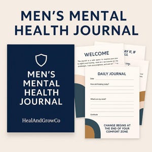 Puede incluir: Un diario azul marino titulado "MEN'S MENTAL HEALTH JOURNAL" con un icono de escudo. El diario está abierto, revelando páginas rayadas con indicaciones para la reflexión diaria. También se ve el texto "CHANGE BEGINS AT THE END OF YOUR COMFORT ZONE".
