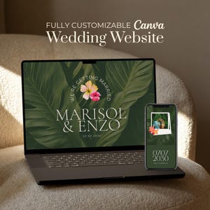 Modello di sito web per matrimonio tropicale: destinazione botanica, invito di nozze digitale, vegetazione lussureggiante, palma, design floreale dell'isola