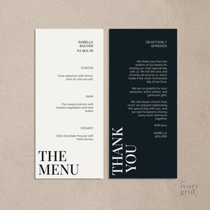 May include: Two-sided wedding menu and thank you card set. The menu card is off-white with black text, listing a starter, main course, and dessert. The thank you card is black with white text, expressing gratitude. The Ivory Grid logo is at the bottom.