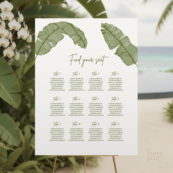 Minimal Tropical Wedding Seating Chart Template, Elegant Leaf Reception Seating Board, Printable Editable Canva Design, Digital Download 021