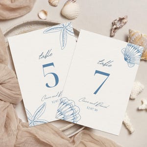 Seashell Table Number Template: Minimal Beach Wedding Table Number Signs, Printable Coastal Reception Decor, Canva Editable, Ocean Blue
