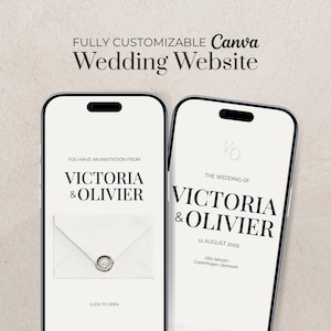 Puede incluir: Dos smartphones que muestran un diseño de sitio web de bodas. Las pantallas muestran "VICTORIA & OLIVIER" y "12 AGOSTO 2029". La parte superior de la imagen dice "FULLY CUSTOMIZABLE Canva Wedding Website".