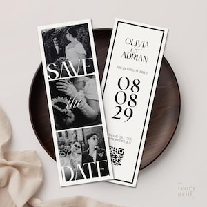 May include: Two black and white wedding save-the-date cards. One card features photos and the words "SAVE the DATE." The other card has the names "OLIVIA & ADRIAN" and the wedding date "08 08 29." A QR code is also included.