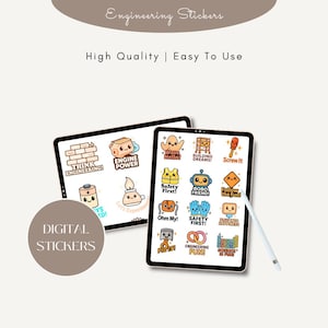 May include: Two digital tablets displaying colorful engineering-themed stickers. The stickers feature cute illustrations of tools, safety gear, and phrases like "Think Engineering!" and "Safety First!" The text "Engineering Stickers" and "High Quality | Easy To Use" are also visible.