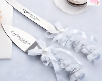 Personalized Wedding Cake Knife and Server Set: Engraved Stainless Steel with Gift Box