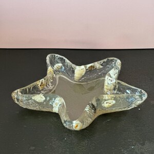 May include: A clear, star-shaped glass dish with embedded seashells. The dish has five points and a shallow centre. The seashells are white, tan, and brown. The dish is on a dark surface with a pink background.