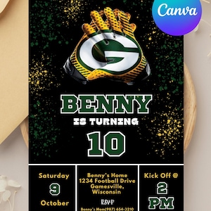 Green Bay Packers Birthday Invitation, Football Birthday Party Invitation, Packers Birthday Invitation, Editable, Canva