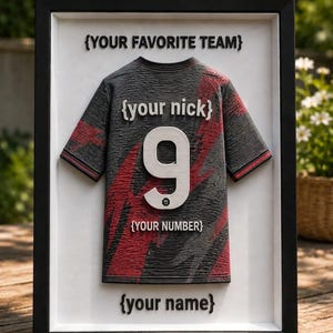 Personalisierter 3D-gedruckter Fußballtrikot-Rahmen, Wanddekoration mit individuellem Teamnamen und Nummer
