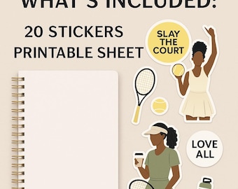 Digital Tennis Planner Stickers, Women of Color Printable Sticker Pack, Tennis Puns & Accessories