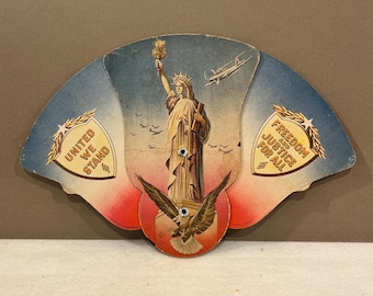 Abanico plegable patriótico vintage publicitario / Abanico con águila de la Estatua de la Libertad de EE. UU. / Peoples National Bank Leesburg VA / Americana de la época de la Segunda Guerra Mundial