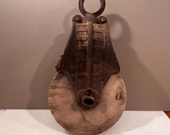 Polea de hierro fundido antigua para granero, polea de madera, decoración rústica de granja, polea industrial rústica, polea para pajar, salvamento arquitectónico