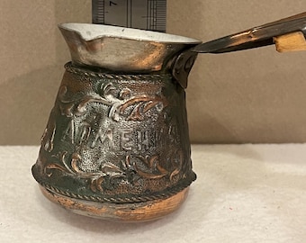 Vintage Armenian Copper Turkish Coffee Pot Cezve Ibrik Hand Hammered Brass Wood Handle Ethnic Folk Kitchen Decor