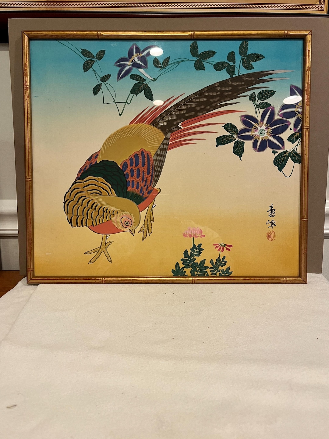 Vintage Japanese Painting on Silk – Hand-Painted Pheasant & Flowers – Framed Asian Art – 17.25 x 15 Inches