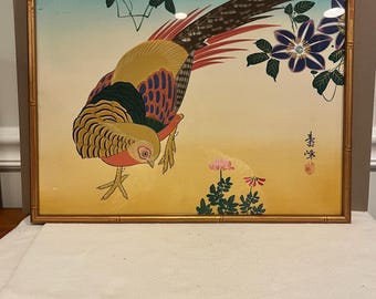 Vintage Japanese Painting on Silk – Hand-Painted Pheasant & Flowers – Framed Asian Art – 17.25 x 15 Inches