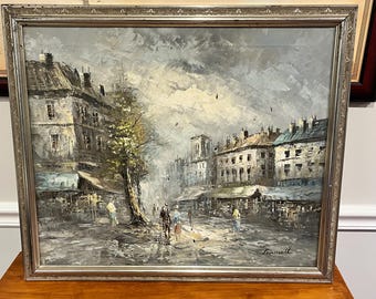 Pintura al óleo original firmada por Caroline Burnett: Escena callejera europea vintage, paisaje urbano impresionista enmarcado de gran tamaño.