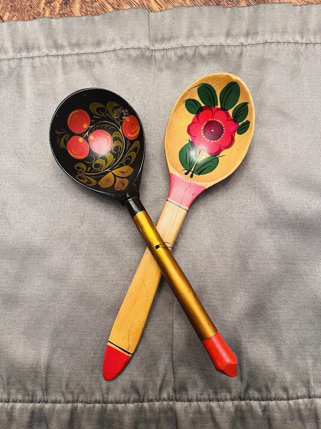 Rustic Plastic Spoon Wooden Spoons Handcrafted Floral Hand Painted Folk Art Farmhouse Rustic ...
