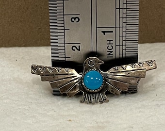 Pin Thunderbird nativo americano vintage de la década de 1940 – Broche turquesa en plata de ley – Joyería tribal del suroeste – Firmado en plata de ley