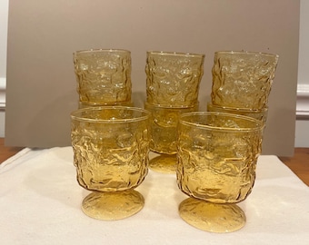 Vintage Anchor Hocking Milano Lido Amber Pedestal Juice Glass, Mid Century Crinkle Glass Goblet, Retro 1970s Amber Drinking Glass