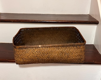 Cesta antigua japonesa de bambú tejida a mano Take Kago, cesta de almacenamiento tejida vintage, decoración rústica de granja, organizador de arte popular japonés