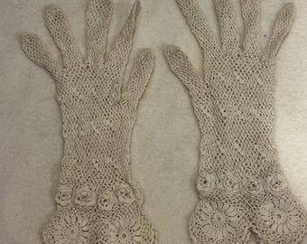 Vintage Crocheted Lace Gloves Off White Handmade Ladies Victorian Style Wedding Tea Party