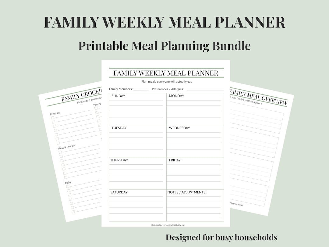 Family Meal Planner Printable | Weekly Meal Planning Bundle (PDF Format ...