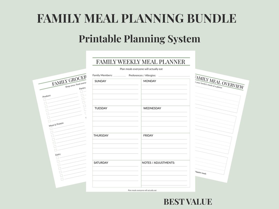 Family Meal Planning Bundle Printable | Weekly Meal Planner + Grocery ...