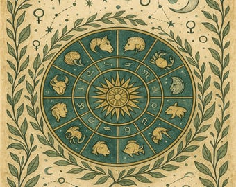 Arte mural de rueda del zodíaco verde / Impresión de constelación astrológica bohemia / Descarga digital