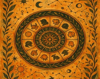 Arte mural de rueda del zodíaco envejecida / Impresión de constelación astrológica vintage / Descarga digital