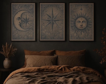 Sun Moon Star Wall Art Set of 3 | Boho Celestial Prints | Mystical Digital Download