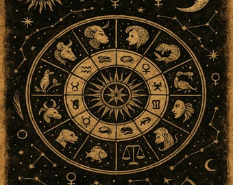 Arte mural de rueda del zodíaco oscuro / Impresión de constelación astrológica bohemia / Descarga digital