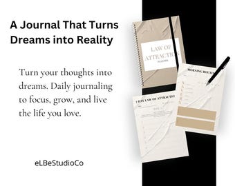 May include: A journal and planner set with the text "A Journal That Turns Dreams into Reality." The set includes a spiral-bound journal, a planner, and loose sheets with prompts. A black pen rests on the planner. The color scheme is neutral with beige and white.