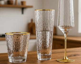 Hexagonal Gold-Rimmed Hammered Crystal Drinking Glass and Champagne Flutes