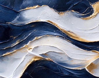 Abstract Ocean Wave Artwork: Sapphire, Ivory, Gold Impasto Print (Digital Download)