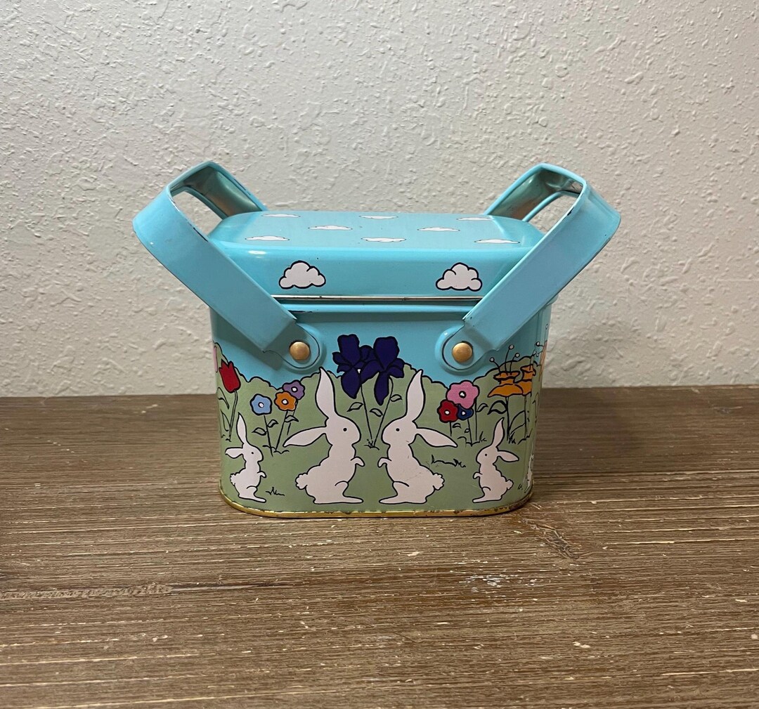 Sadter Rabbit Tin Vintage Easter Rabbit Tin Canister Handles Bunny Floral Cottagecore ...