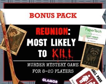 May include: A murder mystery game titled "Reunion: Most Likely to Kill" with a hockey stick covered in fake blood. Includes bonus pack, business cards, and a hall pass. For 8-20 players.