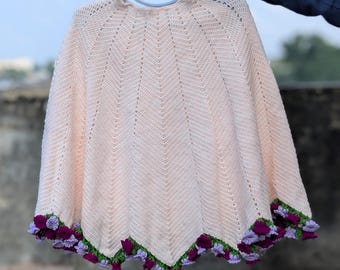 Handmade Crochet Poncho Shawl with Floral Edge