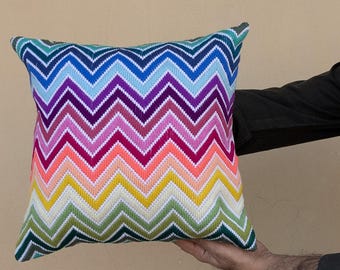 Rainbow Chevron Hand-Embroidered Cushion Cover | Boho Zigzag Pillow