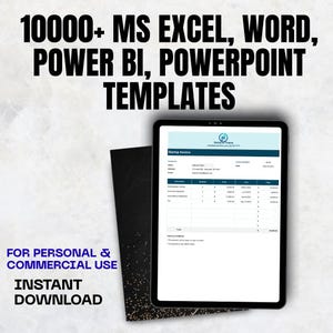 Może przedstawiać: Cyfrowy tablet wyświetla szablon "Faktury Startowej". Obraz zawiera tekst "10000+ MS EXCEL, WORD, POWER BI, POWERPOINT TEMPLATES" oraz "FOR PERSONAL & COMMERCIAL USE INSTANT DOWNLOAD". Czarny folder jest widoczny po lewej stronie.