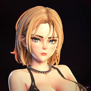 May include: A 3D rendered portrait of a woman with blonde hair and blue eyes. She wears a black top and a silver beaded necklace. The image has a soft, artistic style with detailed facial features and a dark background.