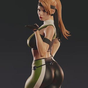 May include: A 3D rendered figure of a woman in a black and green athletic outfit. The figure has long, auburn hair pulled back in a ponytail, a black headband, and black gloves. The outfit includes a sports bra and leggings with white and green accents.