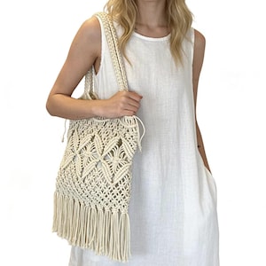 fourre-tout bohème en macramé | Sac tissé main en coton | Sac de plage d'été | porté épaule bohème à franges | Client respectueux de l'environnement