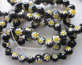 Black Yellow Flower Millefiori Glass Beads 8mm 16 Beads