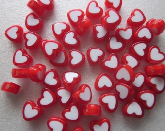 Red and White Heart Acrylic Beads 8x7mm 20 Beads