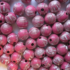 SALE - Pink and Silver Acrylic Beads Round Plastic 11mm 20 Beads