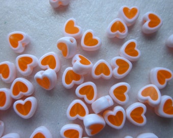Orange and White Heart Acrylic Beads 8.5mm 14 Beads