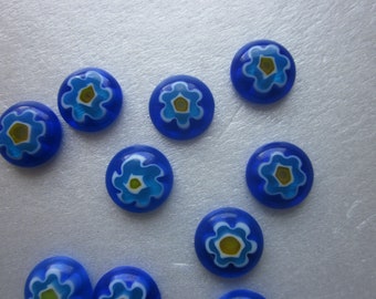 Blue Multi Color Floral Glass Cabochons 12mm 4 Cabochons