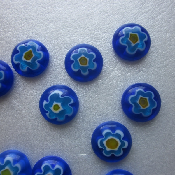 Blue Multi Color Floral Glass Cabochons 12mm 4 Cabochons